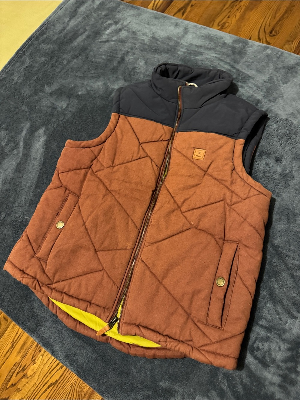 Roark Quilted Rust Brown Puffer Vest with Navy Yoke